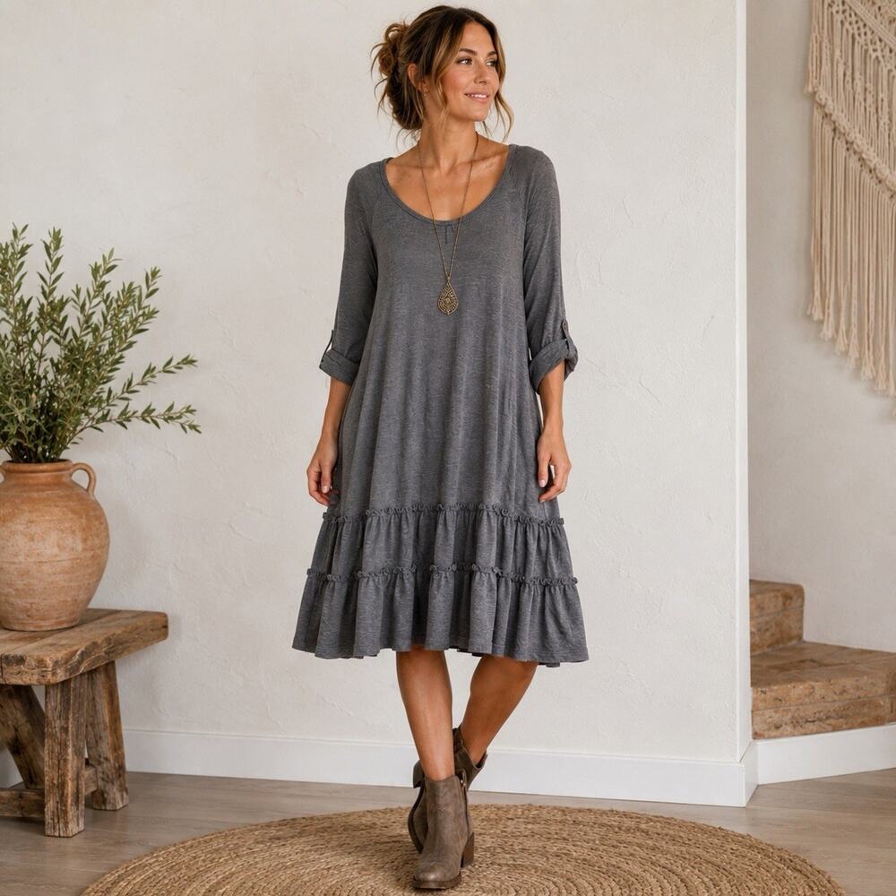 Dylan Gray Boho Midi Dress Ruffle Hem Roll Tab Sleeves Cottagecore Sz Small